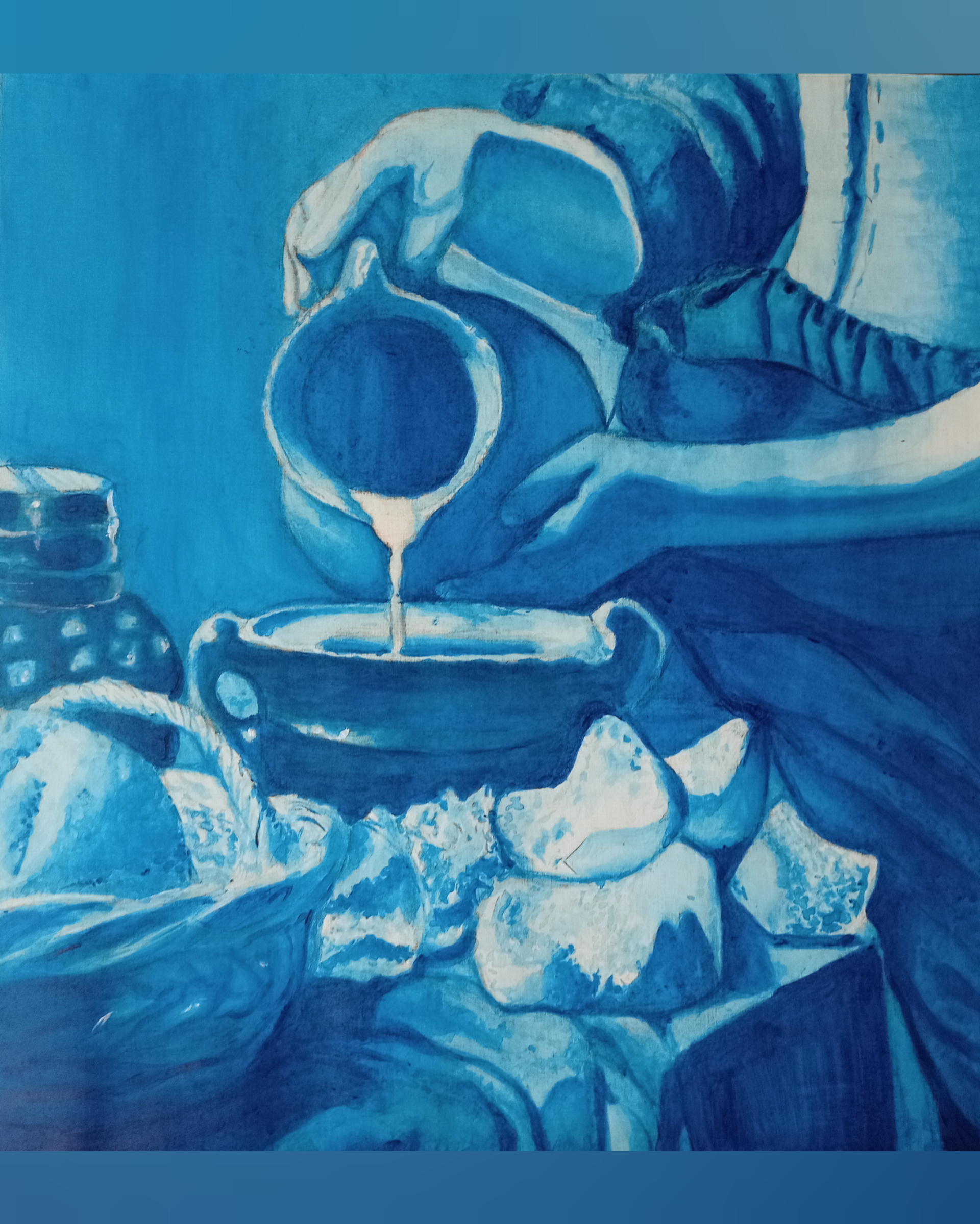 Interprétation libre d'un tableau de Vermeer en nuances de bleu